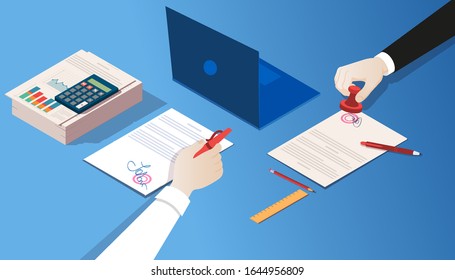 Vector Of A Notary And Businessman Certifying Legal Documents By Signature And Seal Stamp Closing A Sale Deal