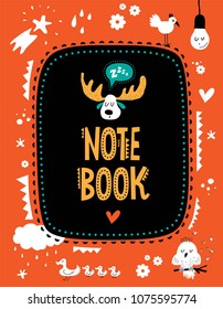 Vector Note Book Cover With Cute Animals And Elements Decorated.  Elk Head, Hearts, Light Bulb, Bird, Flowers, Duck With Ducklings, Sleeping Owl, Stars, Drops. For Kids Design. 