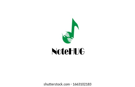 Vector note and hands logo combination. Music and hug symbol or icon. Unique sound and embrace logotype design template.