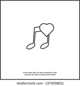 Vector note icon and heart icon. Favorite melody on white isolated background.  Layers grouped for easy editing illustration. For your design.