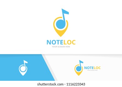 Vector note and map pointer logo combination. Music and gps locator symbol or icon. Unique sound and pin logotype design template.