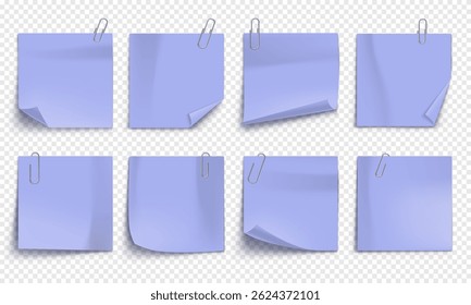 Vector note with metallic paper clip isolated on transparent background. Mockup of realistic sticky note for design.