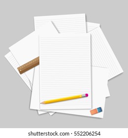 Vector Note Paper with pencil, eraser,  ruler
