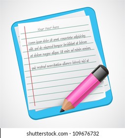 Vector note paper with pencil on hand tablet