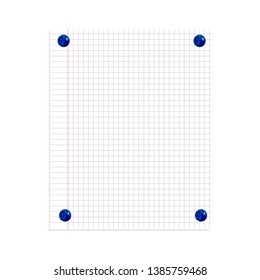 Vector Note Paper Sheet Pinned by Realistic Blue Pin Buttons Isolated on White Background. Graph Paper Background.