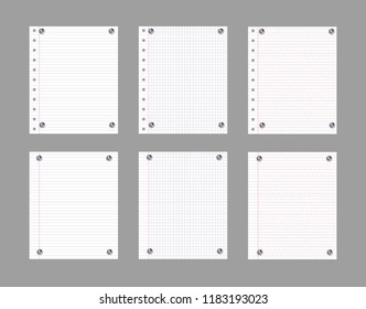 Vector Note Paper Sheets with Realistic Pin Buttons, Office Supplies, Isolated Notepad Pages.