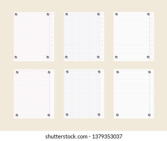 Vector Note Paper Sheets with Realistic Metallic Silver Pin Buttons, Office Supplies, Isolated Notepad Pages.