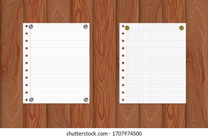 Vector note papers pinned to the wall by metallic buttons, lined notebook sheets, memo backgrounds, graphic art, blank frames.