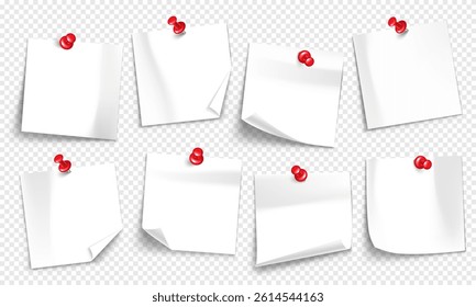 Vector note with push pin isolated on transparent background. Mockup of realistic sticky note for design.