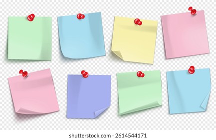 Vector note with push pin isolated on transparent background. Mockup of realistic sticky note for design.