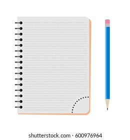 Vector notebook with a blue pencil on a white background
