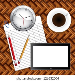 Vector notebook, coffee and office supplies. Business theme