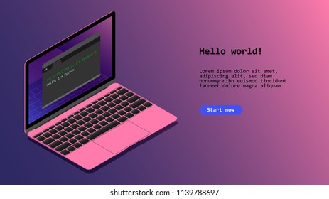 Vector notebook computer with an example of a simple syntax of the programming language applications and software on the screen. Landing page template. Illustration isometric dark ultraviolet.