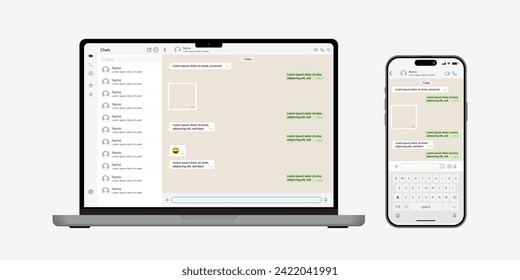 Vector notebook computer and smartphone with messenger application on the screen. Messenger conversation mockup. Messager and SMS UI template and communication in social media network. Vector.