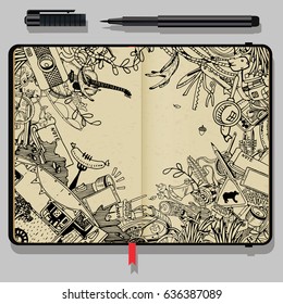 Vector Notebook with Craft Paper Texture and Hand Drawn Doodles. Adventure Camping Objects. Travel and Recreation Time Concept.