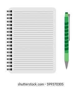 Vector notebook with a green pen on a white background
