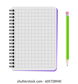 Vector notebook with a green pencil on a white background
