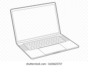 Vector notebook illustration. Outline professional laptop sketch. Isolated pc with screen monitor.