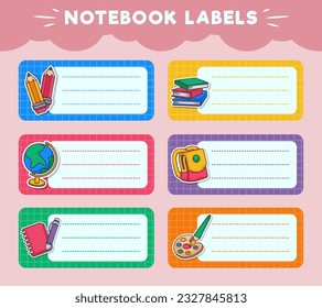 Etiquetas de vectores para portátiles. íconos de las asignaturas escolares. diseño vectorial colorido