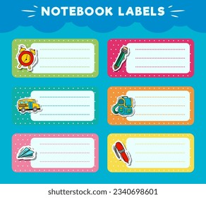 Vector notebook labels. icons of school subjects. colorful vector design