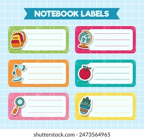 Vector de etiquetas de cuadernos. iconos de temas escolares. diseño de Vector colorido