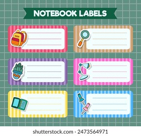 Vector notebook labels. icons of school subjects. colorful vector design