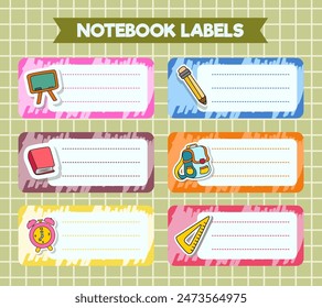 Vector de etiquetas de cuadernos. iconos de temas escolares. diseño de Vector colorido