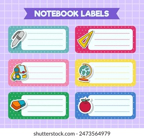 Vector notebook labels. icons of school subjects. colorful vector design