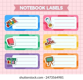 Vector de etiquetas de cuadernos. iconos de temas escolares. diseño de Vector colorido