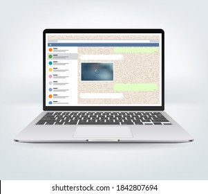 Vector notebook with messenger application on the screen. Photoreal mockup. Template for a content
