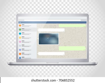 Vector notebook with messenger application on the screen. Photoreal mockup. Template for a content