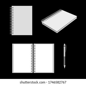 Vector notebook mock up, white notebook set with pen isolated on black background, closed and opened, 3d rendering,	
