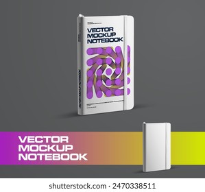 Vector notebook mockup with elastic band, bookmark, notepad stands on background, geometric illustration on hardcover. Diary template, note, sketchbook. Stylish presentation for advertising, design