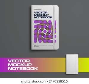 Vector notebook mockup, top view, with elastic band, notepad with geometric illustration, hardcover. Book template for notes, sketches, plans. Stylish presentation of the diary for advertising, design