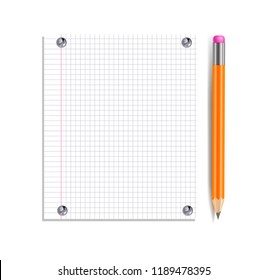 Vector Notebook Page Pinned by Silver Buttons and Realistic Pencil Isolated on White Background.