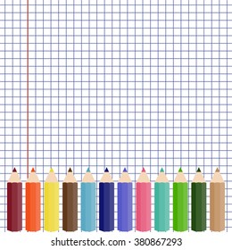Vector notebook paper and color pencils