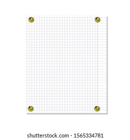 Vector Notebook Paper Sheet Attached by Golden Realistic Pin Buttons Isolated on White Background, Mock Up Template.