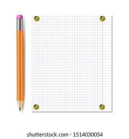 Vector Notebook Paper Sheet with Pencil Attached by Golden Realistic Pin Buttons Isolated on White Background, Mock Up Template.