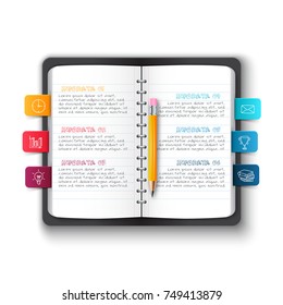 Vector notebook with pencil and bookmarks for infographic. Template for education presentation. Business concept with 6 options, parts, steps or processes.