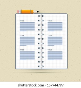 Vector Notebook With Pencil on Recycled Paper Background