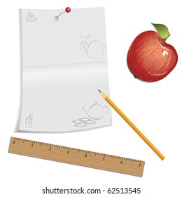 Vector notebook with pencil and ruler on white background