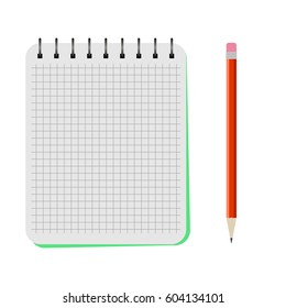Vector notebook with a red pencil on a white background
