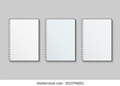 Vector notebook set. Blank, lined and squared paper notebooks isolated on gray background.