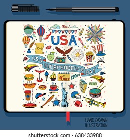 Vector Notebook with Shadows and Hand Drawn Doodles. American Independence Day Themed Doodle Set. National Symbols of Fourth of July.