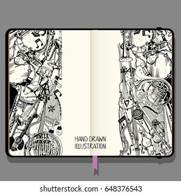 Vector Notebook with Shadows and Hand Drawn Doodles. Collection of Music Instruments. Music and Recreation Time Concept. Black and White illustration.