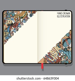 Vector Notebook with Shadows and Hand Drawn Doodles. American Independence Day Themed Doodle Set. National Symbols of Fourth of July.