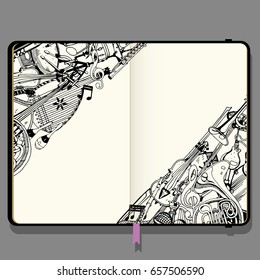 Vector Notebook with Shadows and Hand Drawn Doodles. Collection of Music Instruments. Music and Recreation Time Concept. Black and White illustration.