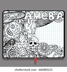 Vector Notebook with Shadows and Hand Drawn Doodles.Biology Science and Education Theme. 