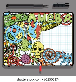 Vector Notebook with Shadows and Hand Drawn Doodles.Biology Science and Education Theme. 