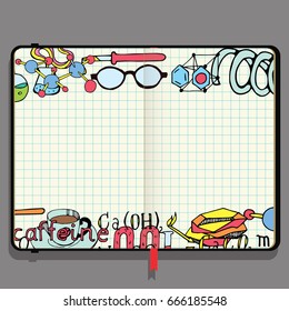 Vector Notebook with Shadows and Hand Drawn Doodles. Science and Education Theme Elements on a Checkered Background.